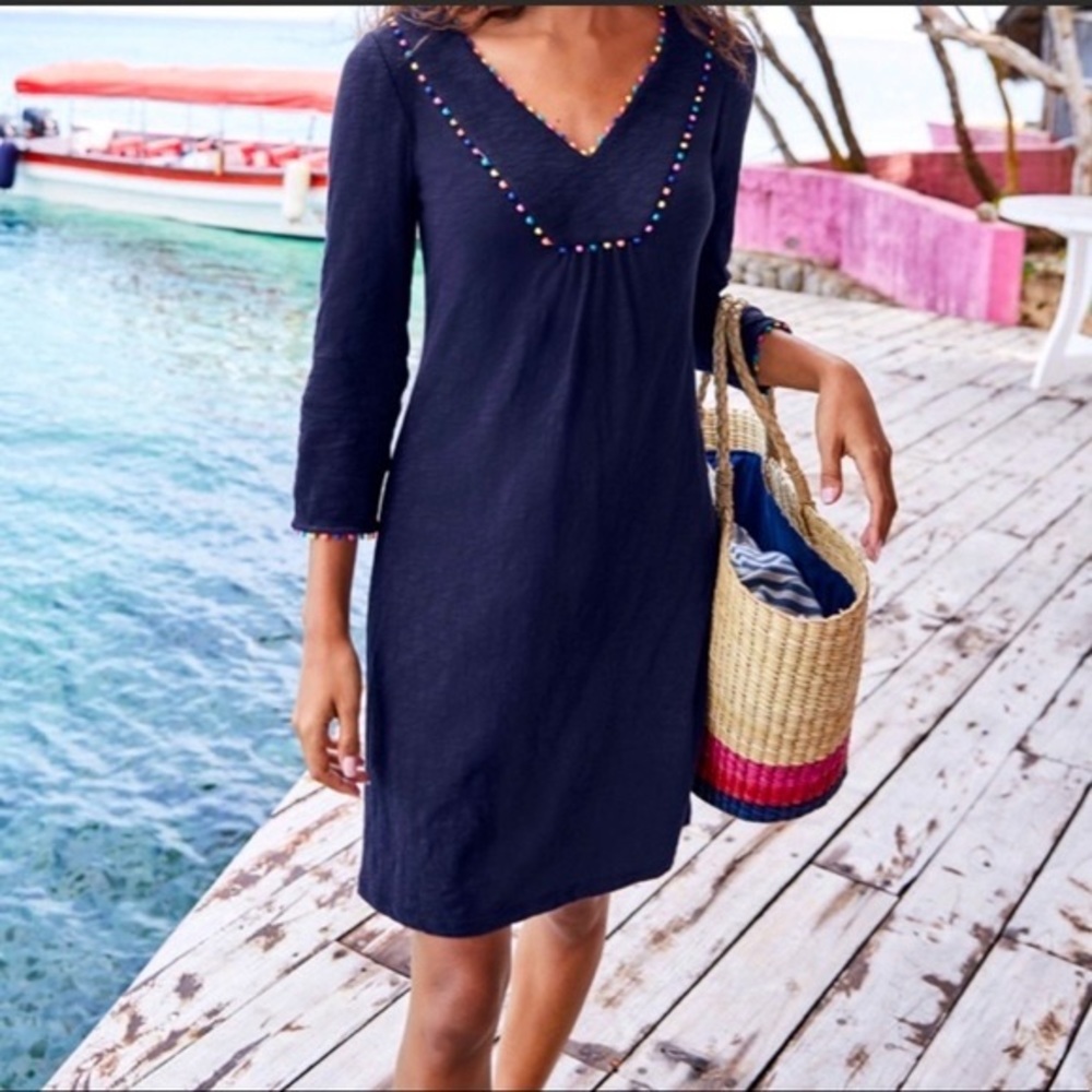 Boden Charlie Dress Navy Pompoms 3/4 Sleeves Size 4P Petite CoverUp
